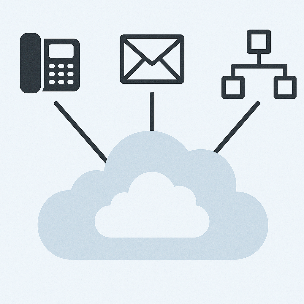 Cloud VoIP architecture with call flow and feature icons